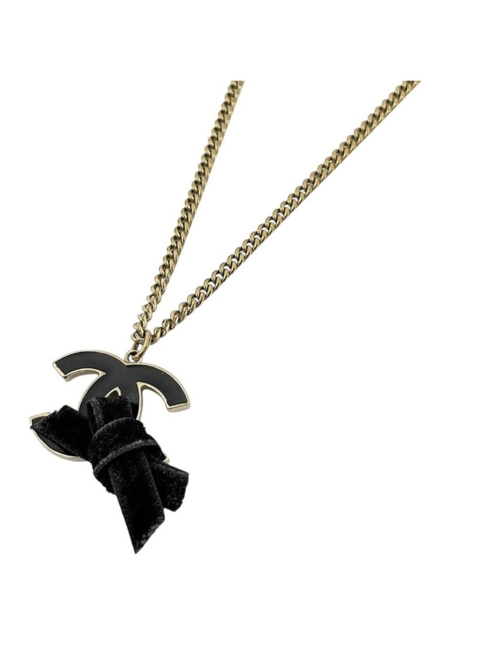 Chanel Necklace CC Logo Ribbon Gold Plated Black